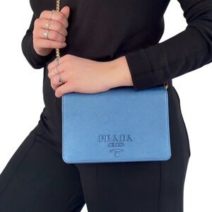 Prada Saffiano Tessuto Nylon Blue Monochrome Chain Shoulder Bag